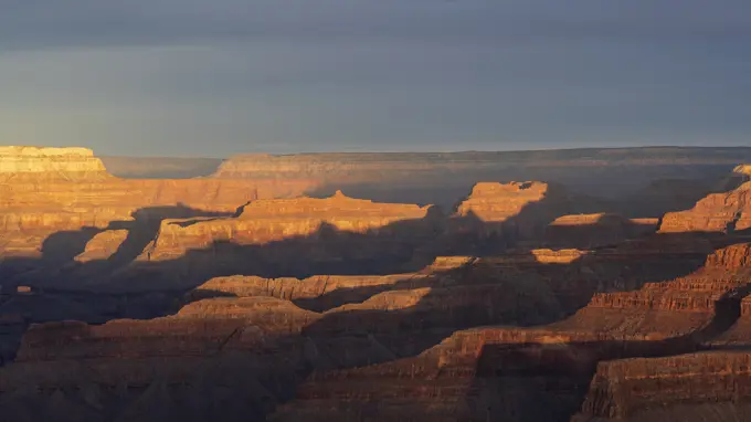 USA, Arizona, Grand Canyon National Park, South Rim, Aerial view of south rim of Grand Canyon at sunset