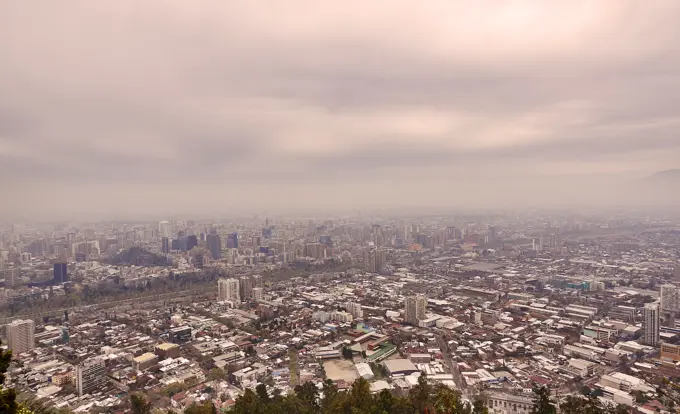 Chile, Santiago, Storm clouds over cityscape