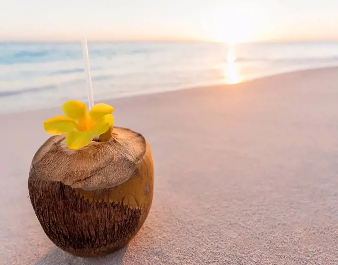 Tropical cocktail in coconut shell on sandy beach