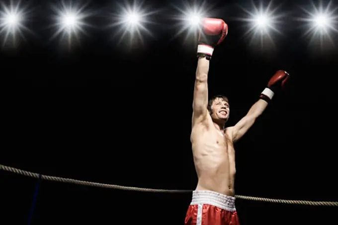 Boxer standing in boxing ring with gloves raised