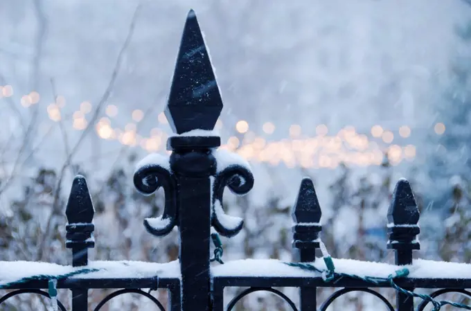 USA, New York State, New York City, antique fence covered with snow