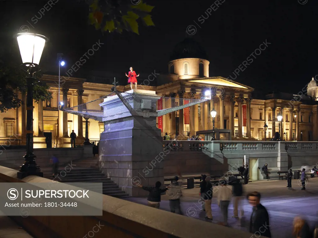 One and Other 4TH Plinth, London, United Kingdom, Antony Gormley (Artist), Antony gormley's fourth plinth in trafalgar square. Night-time plinther in red dress..