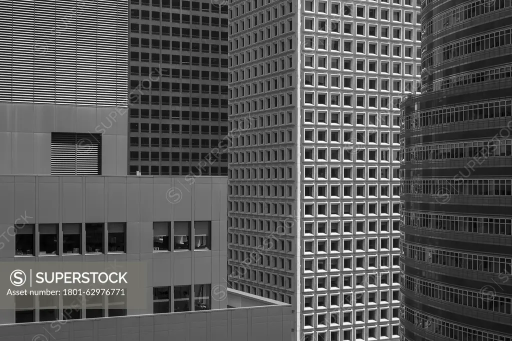 Black and white detail view of 4 skyscrapers on 3rd Avenue. New York Cityscapes 2017, New York City, United States. Architect: various, 2017.