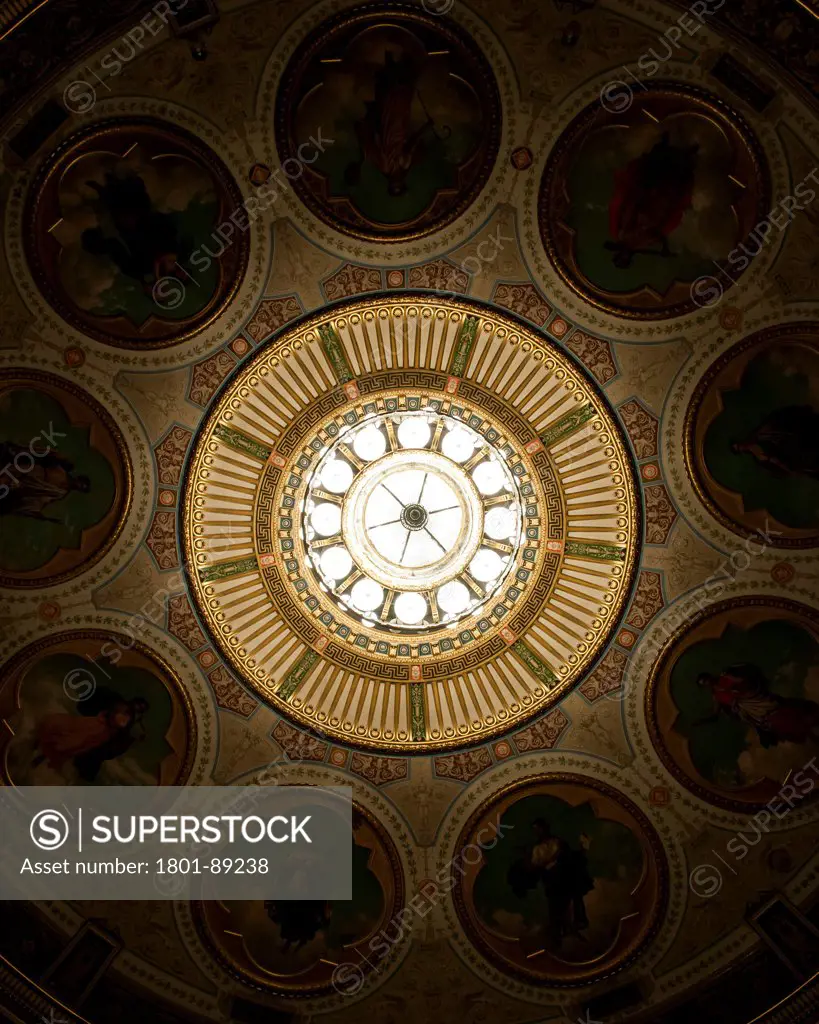 The Royal Danish Theatre (Det Kongelige Teater), Copenhagen, Denmark. Architect William Dahlerup and Ove Pedersen, 1874. View of the ceiling and lamp from below.