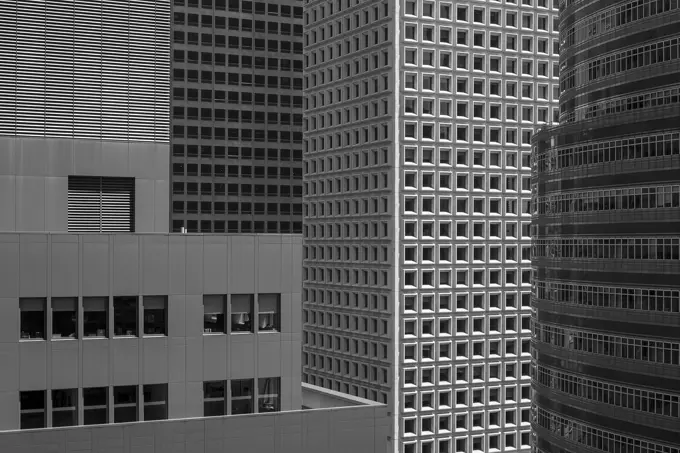 Black and white detail view of 4 skyscrapers on 3rd Avenue. New York Cityscapes 2017, New York City, United States. Architect: various, 2017.