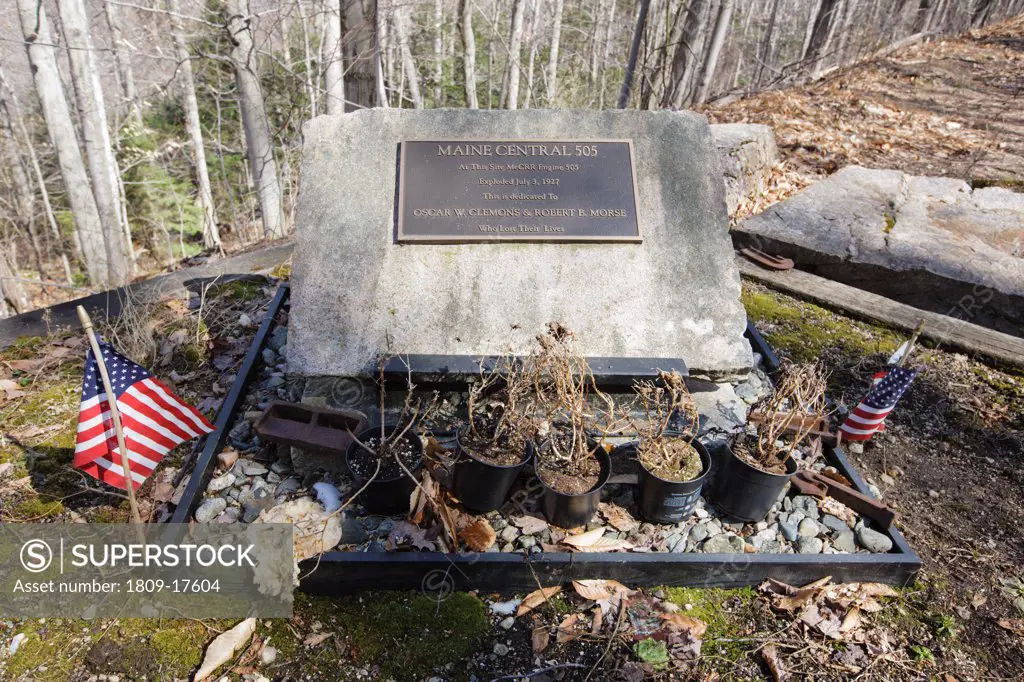 Crawford Notch State Park - Crash site of Maine Central Railroad Engine 505 on July 3, 1927 along the Maine Central Railroad in the White Mountains, New Hampshire. Oscar W. Clemons & Robert B. Morse, who were operating locomotive 505. lost their lives during the explosion.