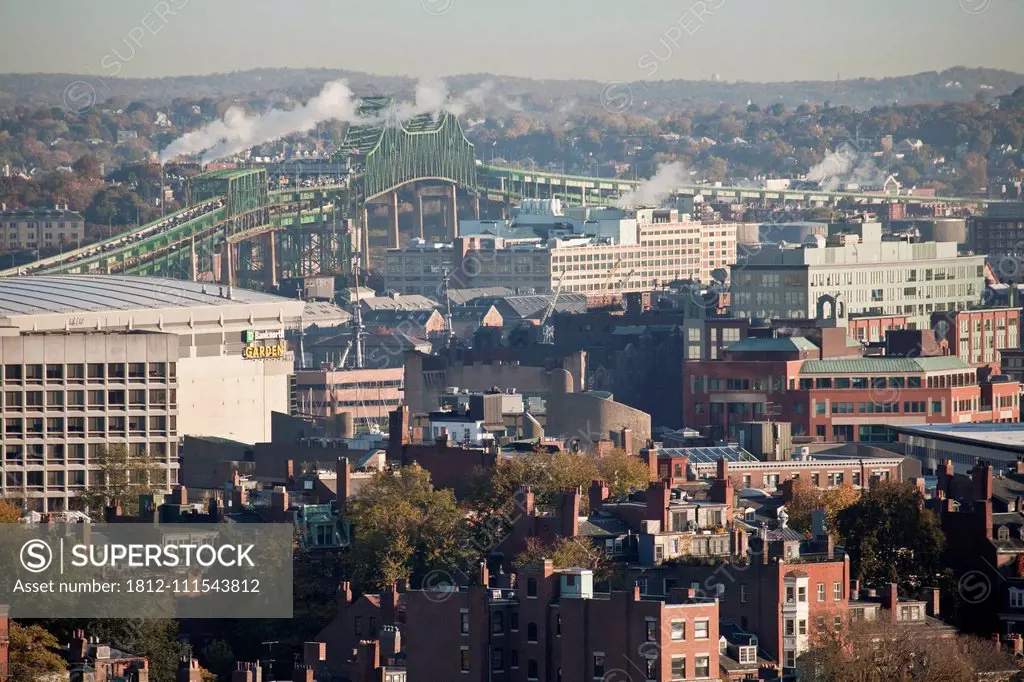 Panoramic view of a city and a bridge, Tobin Bridge, Boston Harbor, North End, Boston, Massachusetts, USA