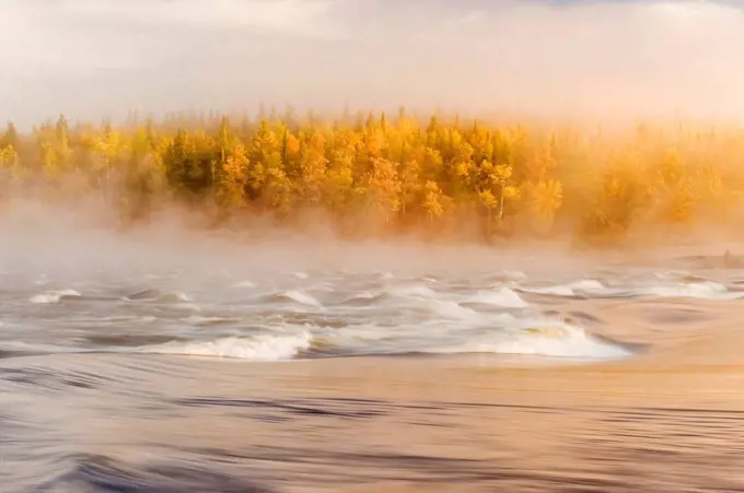 Flowing water with fog settled over a river and autumn coloured forest, Sturgeon Falls, Whiteshell Provincial Park; Manitoba, Canada