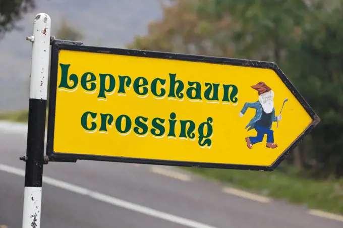 Leprechaun Crossing Sign Post At Ladies View In Molls Gap Killarney National Park; County Kerry Republic Of Ireland