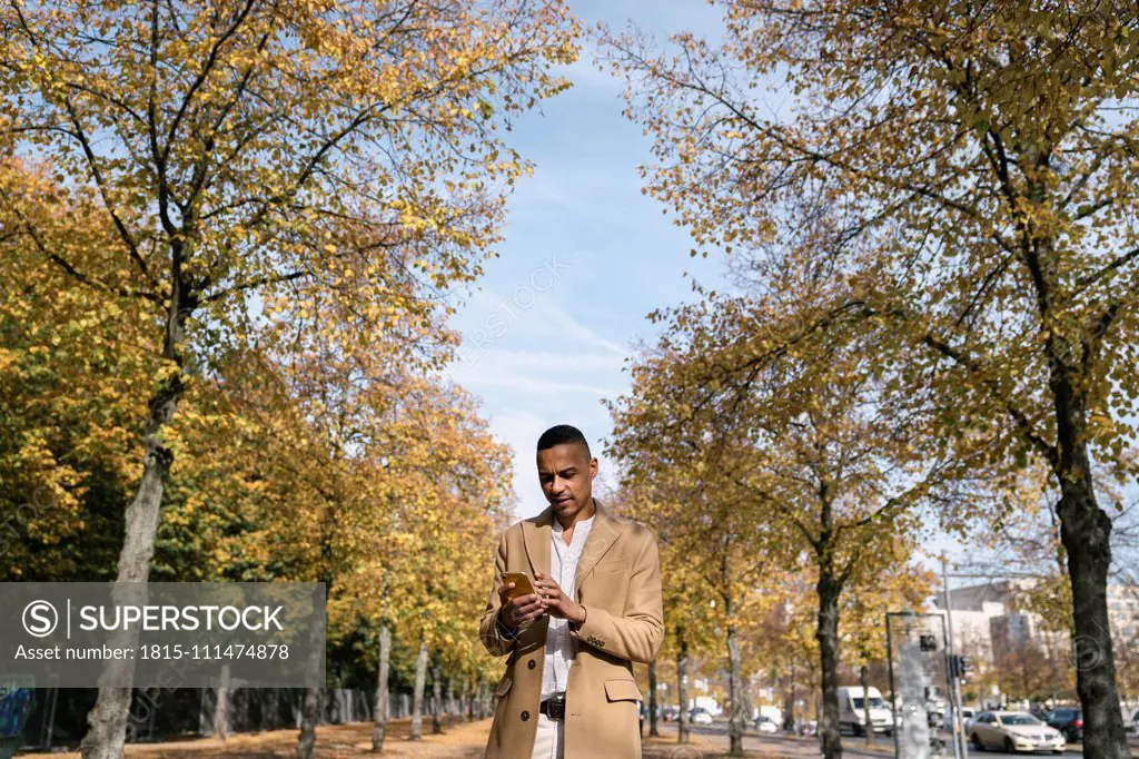 Portrait of businessman using smartphone in autumn