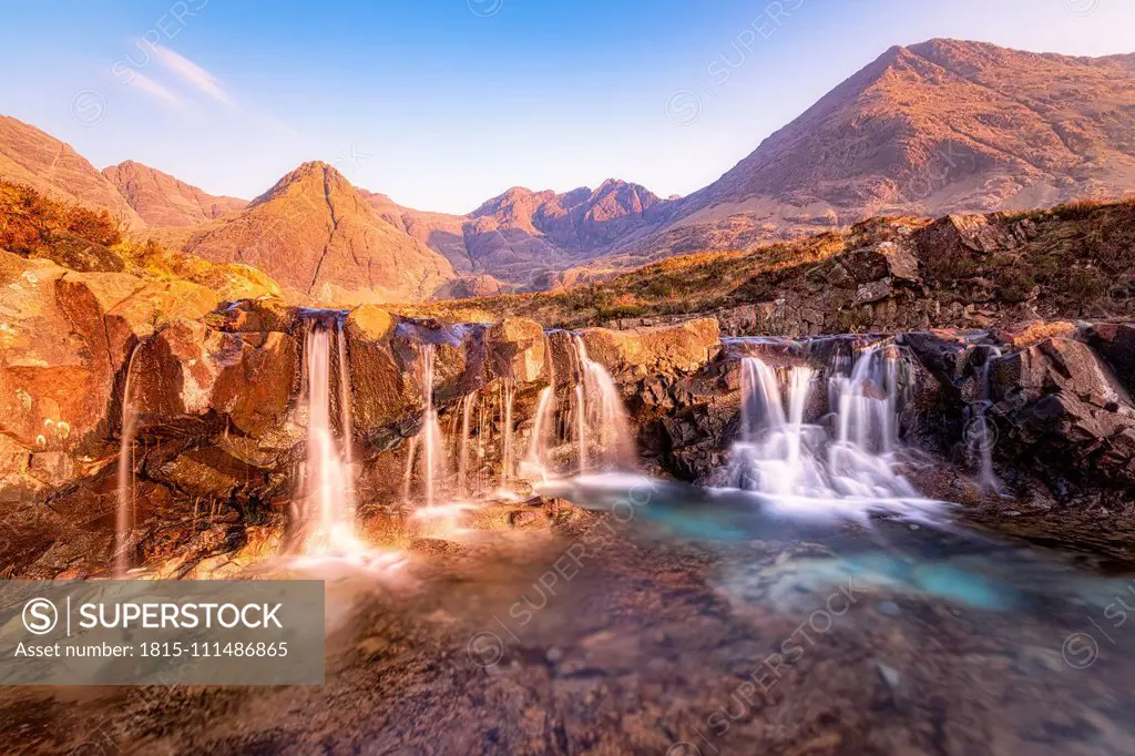 Scenic view of Fairy Pools waterfall, Glenbrittle, Isle of Skye, Highlands, Scotland, UK