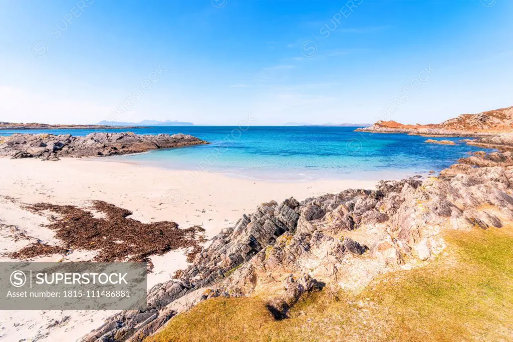 Scenic view of Smirisary Beach against sky, Lochaber, Scotland, UK