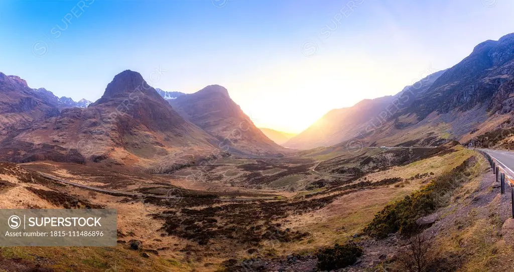 Scenic view of Glencoe against sky during sunset, Highlands, Scotland, UK