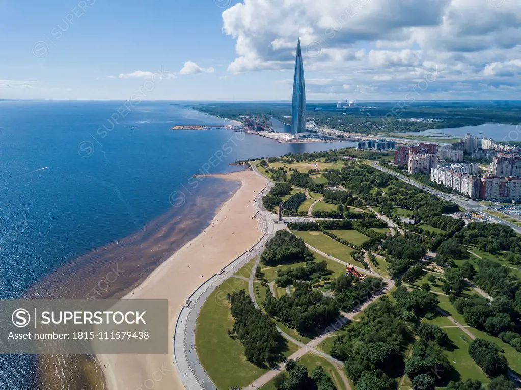 Aerial view over beach and Lakhta Center, St. Petersburg, Russia