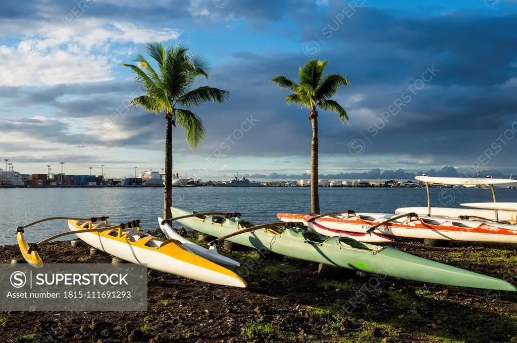 French Polynesia, Tahiti, Papeete, kayaks on the beach