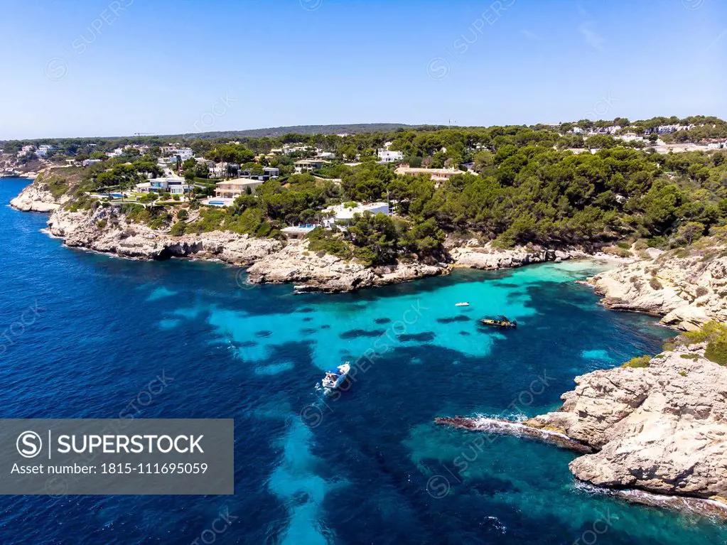 Spain, Mallorca, Aerial view of bay Cala Falco and Cala Bella Donna