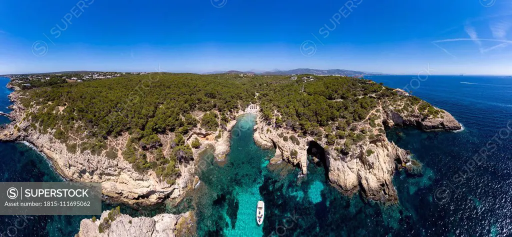 Spain, Mallorca, Aerial view of bay Cala Falco and Cala Bella Donna