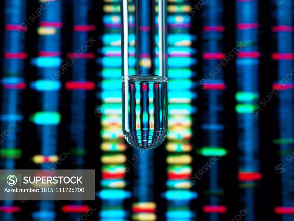 Genetic Research, DNA profile reflected in a test tube containing a sample