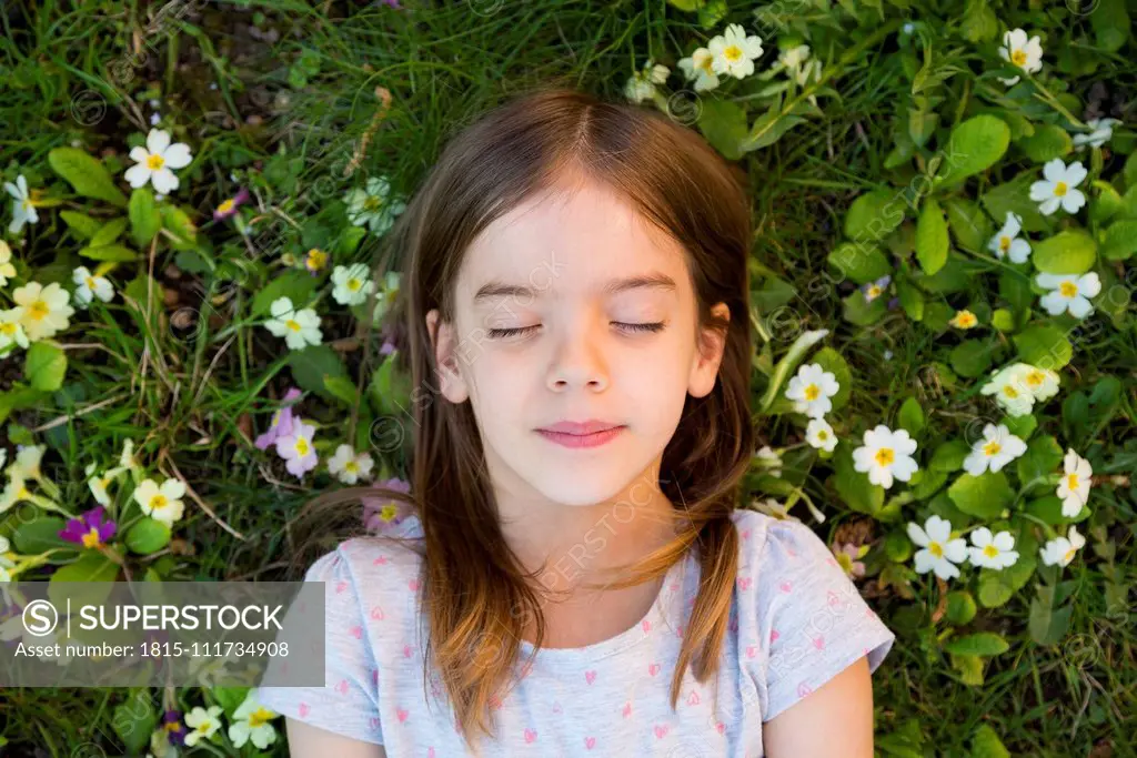 Portrait of girl lying on flower meadow, top view