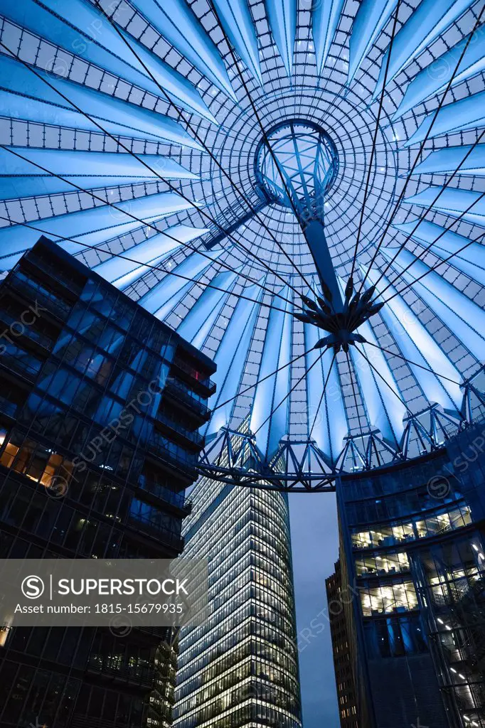 Blue illuminated glass roof of Sony Center, Berlin, Germany