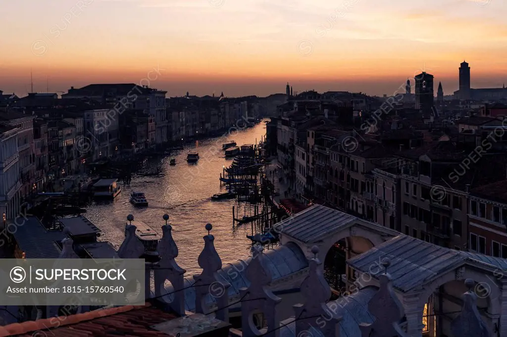 Italy, Venice,High angle view of old town and Grand Canal at sunset