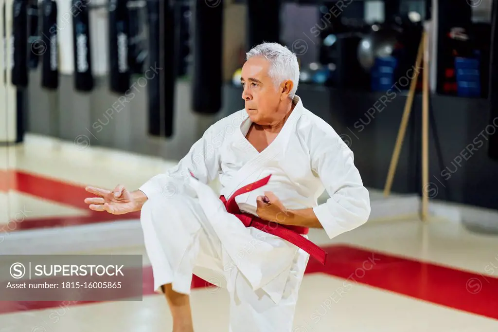 Senior man practicing karate in gym