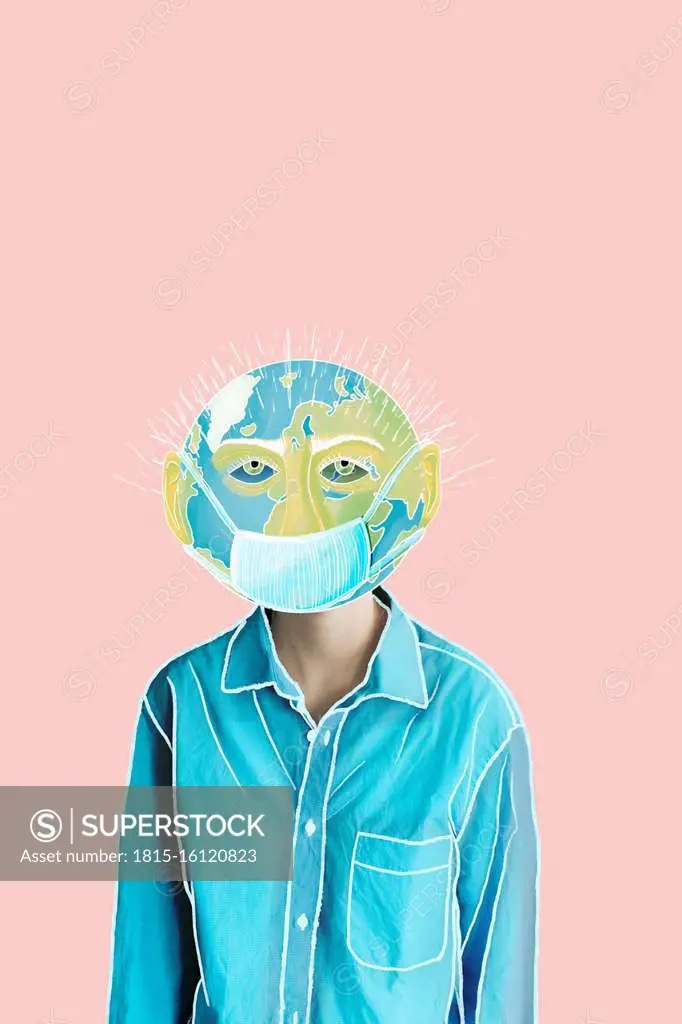 Portrait of a girl with a earth as face and surgical mask