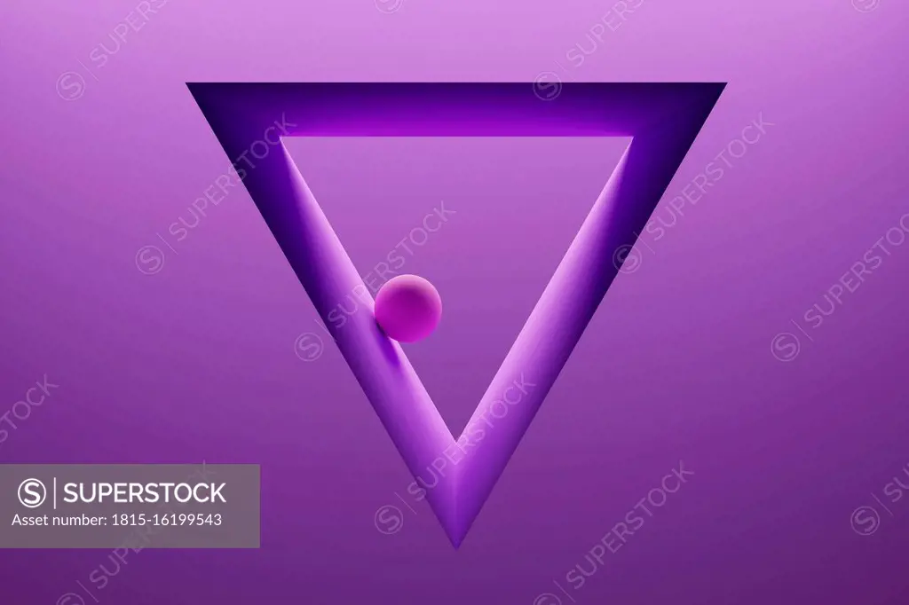 Three dimensional render of small sphere inside triangle shaped frame