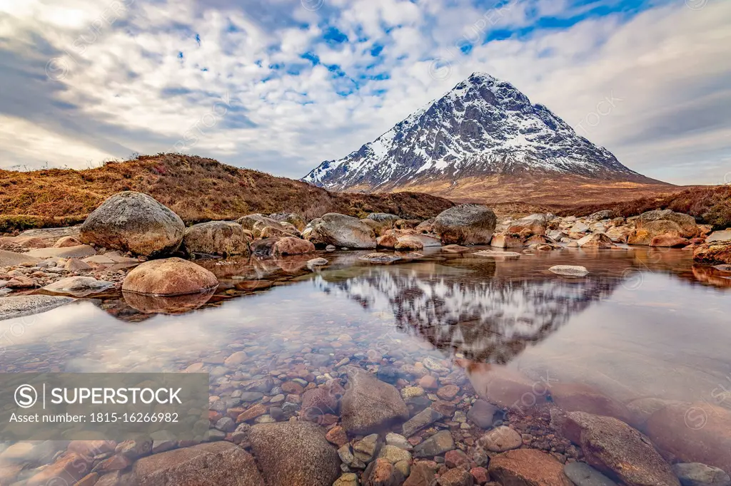 UK, Scotland, Bank of River Coupall with Buachaille Etive Mor mountain in background