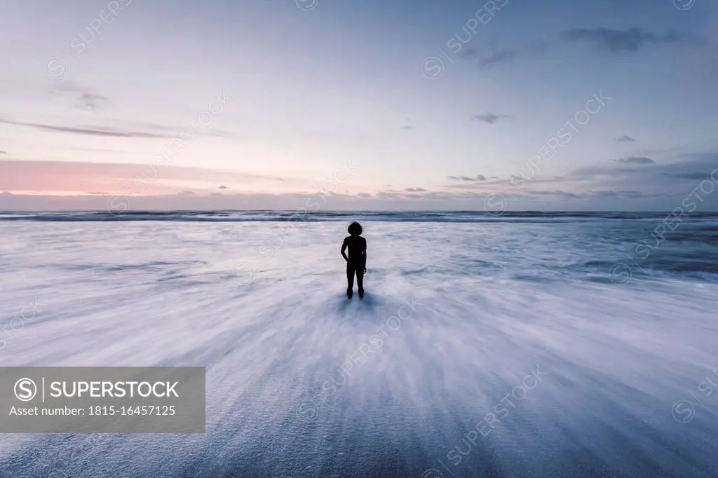 New Zealand, Punakaiki Beach, Rear view of nude man