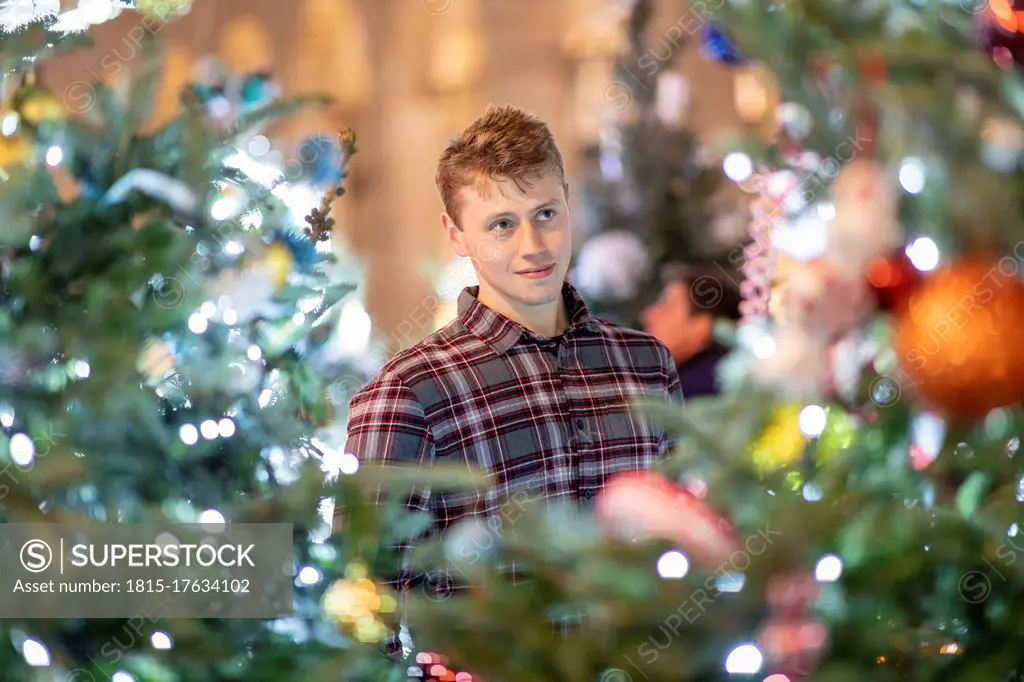 Young man looking at illuminated Christmas tree and lights in city