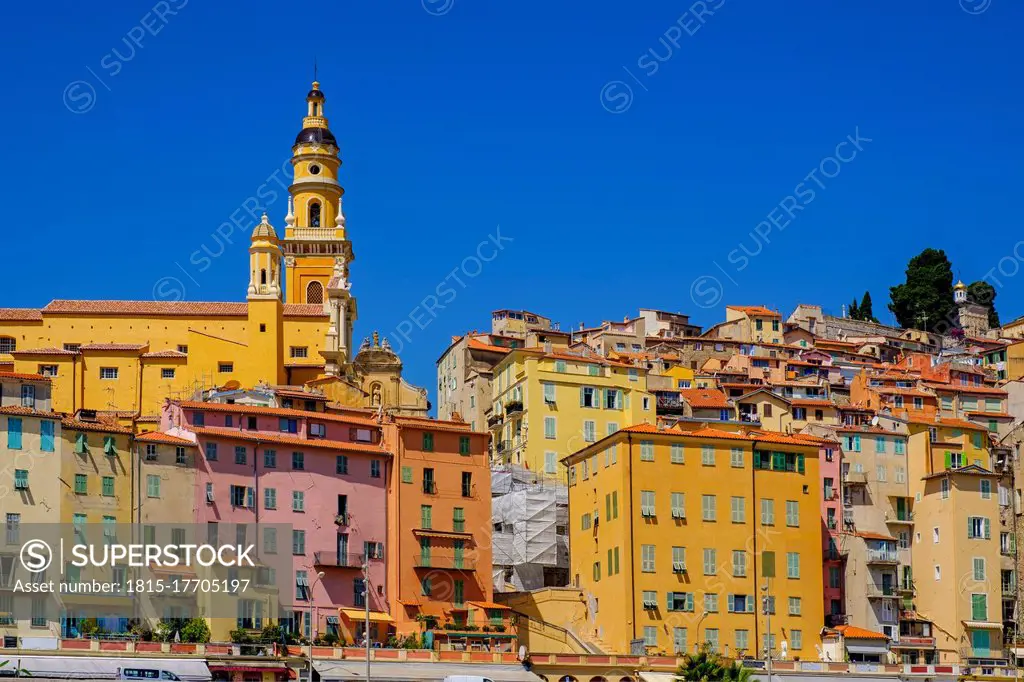 France, Provence-Alpes-Cote dAzur, Menton, Town houses surrounding Basilica of Saint-Michel-Archange