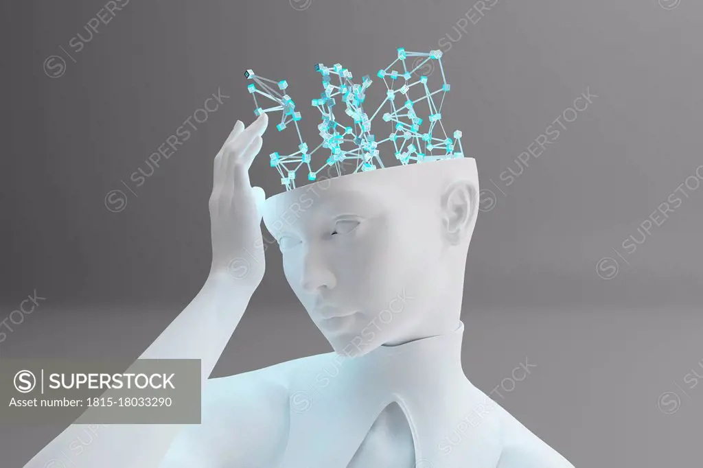 Three dimensional render of¶ÿgynoid¶ÿtouching digital brain representing machine learning and artificial intelligence