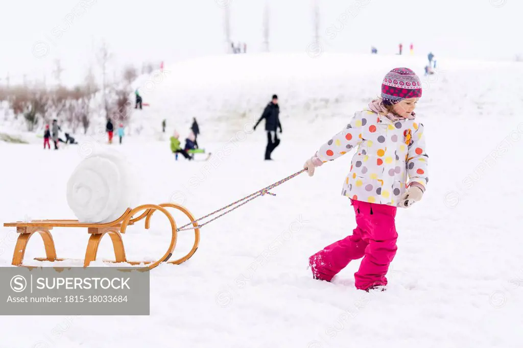 Girl in warm clothing pulling sled on snow at park