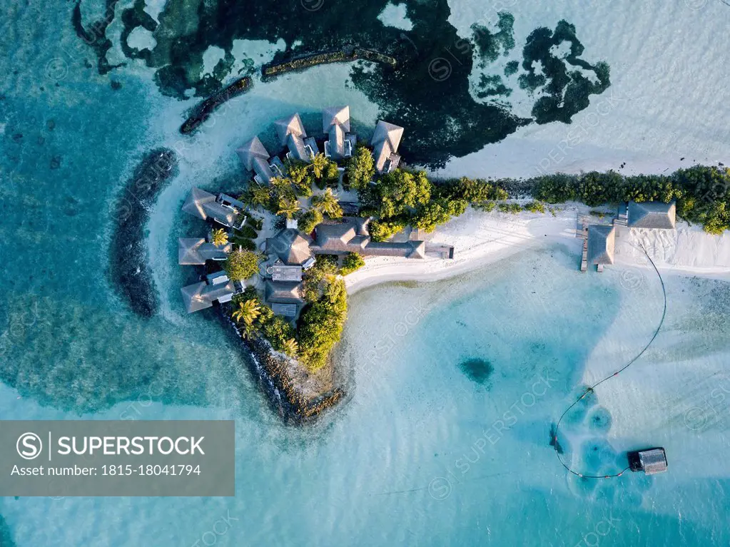 Holiday resort on tropical island, aerial view