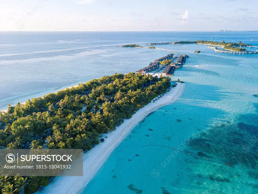 Maldives, Kaafu Atoll, Aerial view of green grove on Huraa island