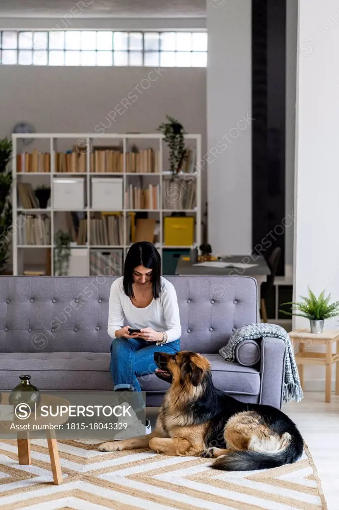 Young women using smart phone while sitting with dog in living room