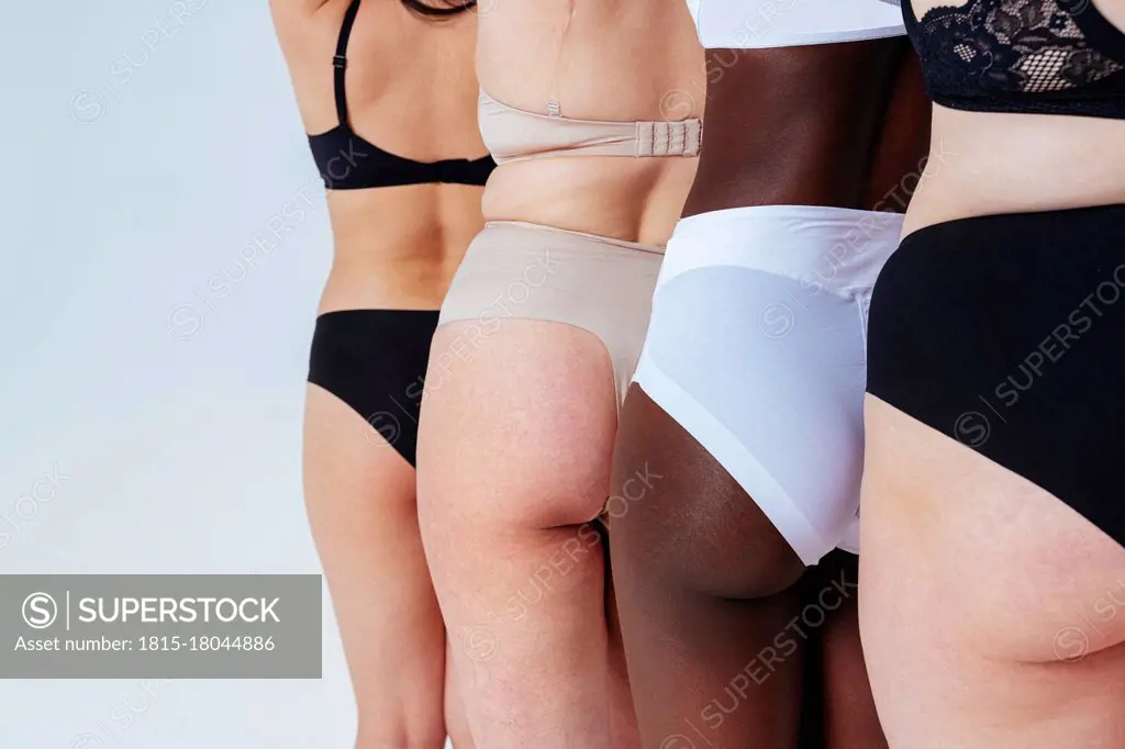 Female friends wearing lingerie standing in a line in studio