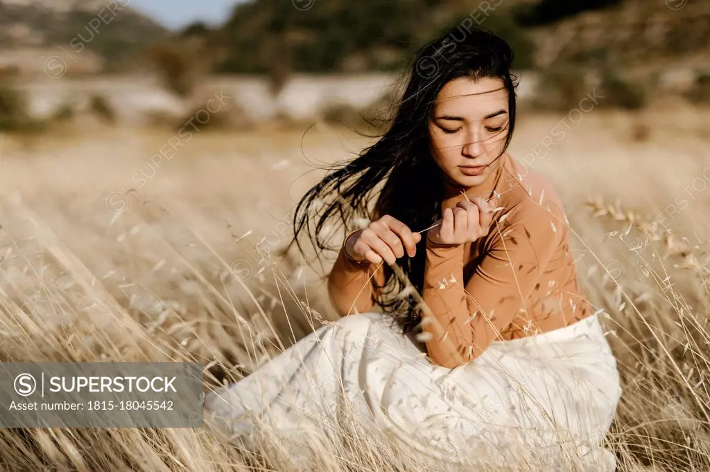 Young woman contemplating while sitting amidst gfrass in field during windy day