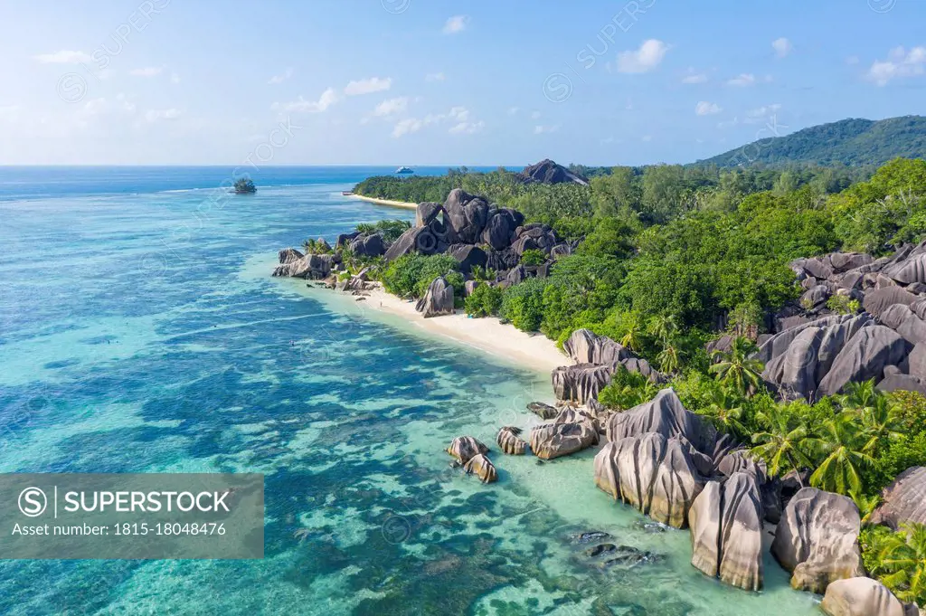 Drone view of Anse Source DArgent beach in summer