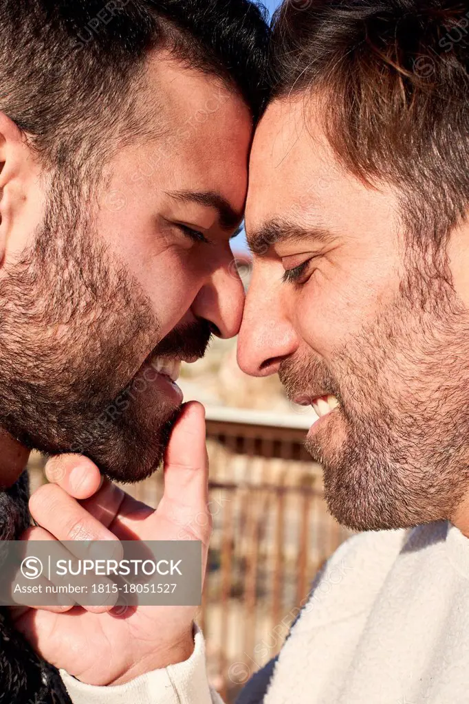 Close-up of romantic gay men with face to face