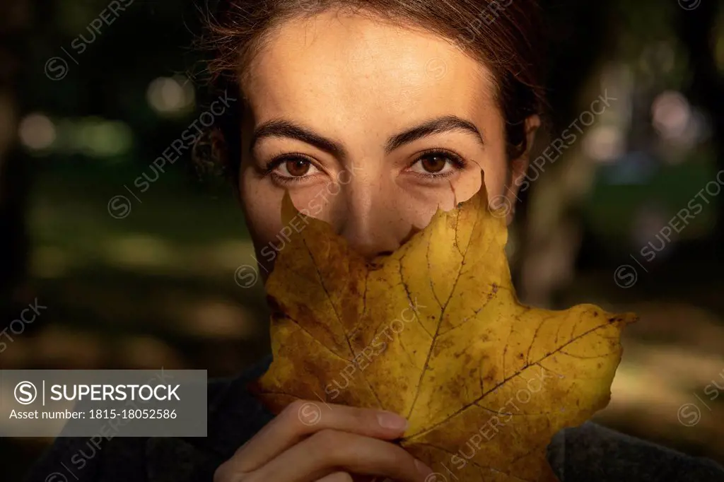 Businesswoman covering mouth with autumn leaf in park