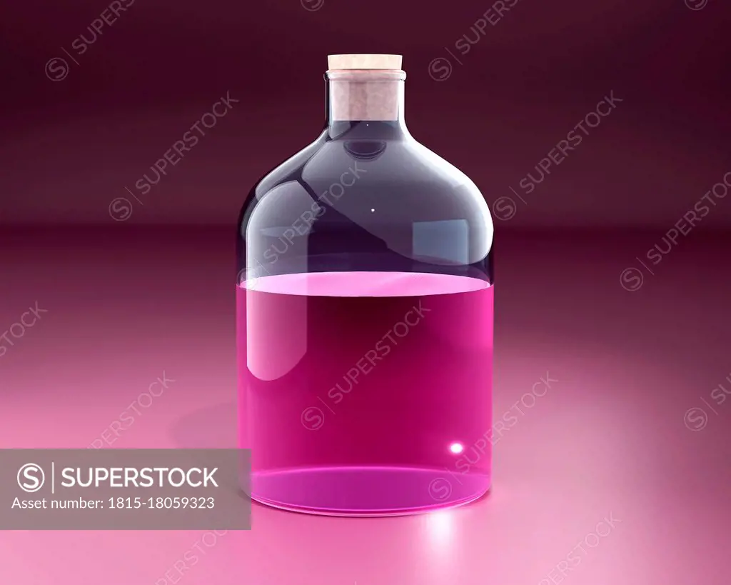 Three dimensional render of large bottle with pink colored liquid