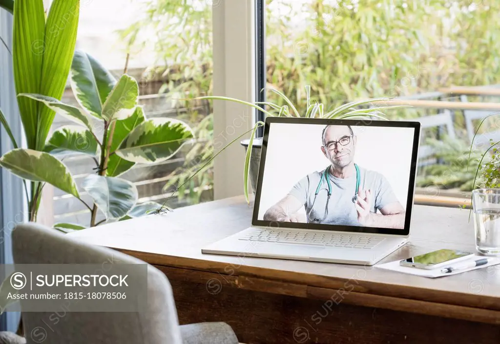 Male doctor giving advice through video call on laptop at home