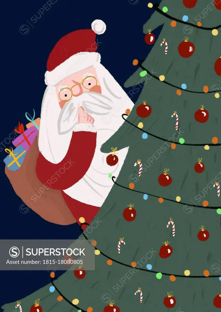 Clip art of Santa Claus hiding behind Christmas tree