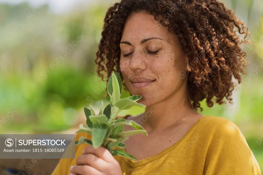 Woman with eyes closed smelling sage in garden