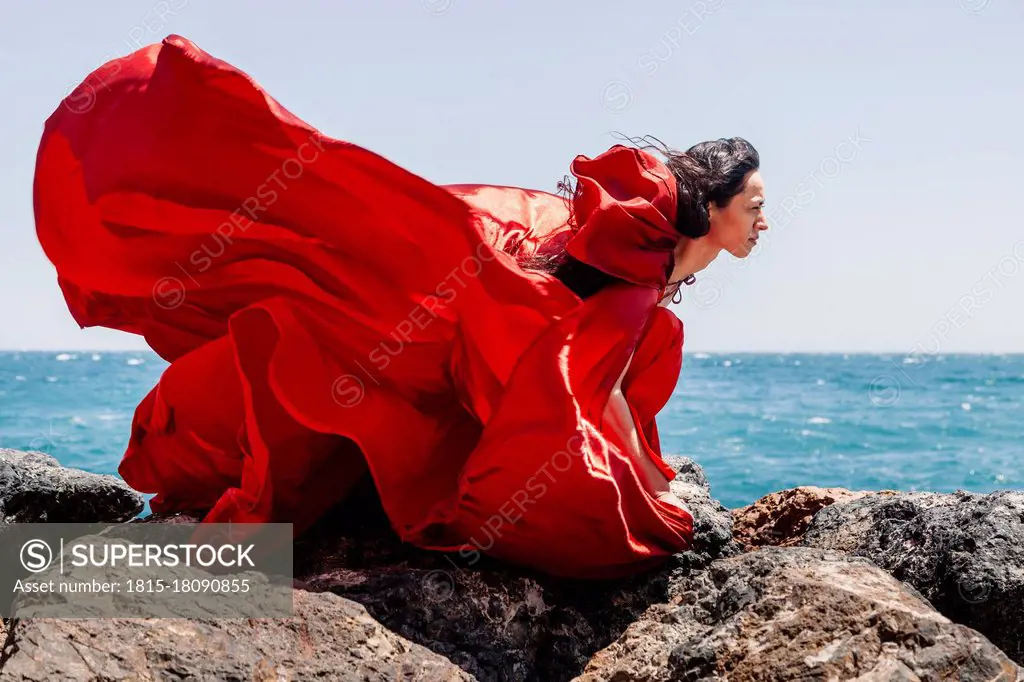 Confident female dancer in flowy red dress on rocks by seashore during sunny day