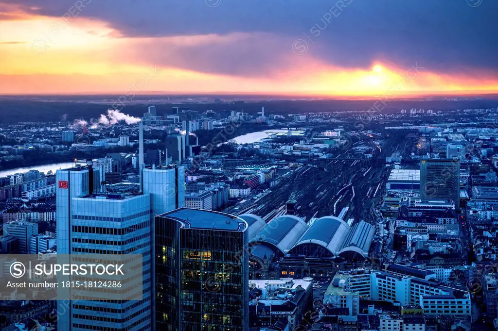 View over Frankfurt city center at dusk, Germany