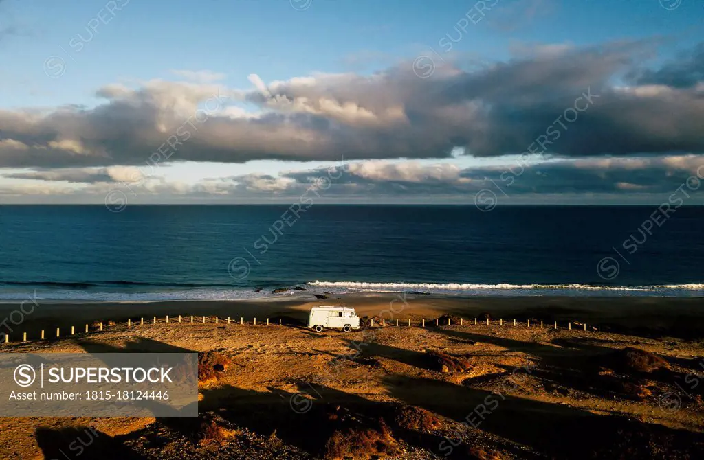 Aerial view of camping van on viewing point in Fuerteventura