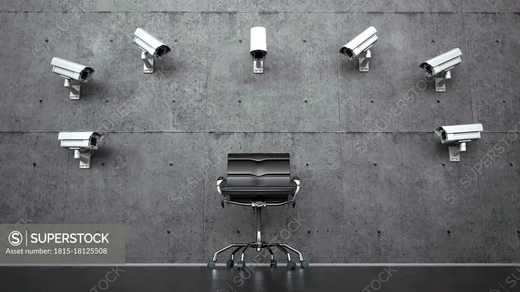 Three dimensional render of security cameras pointed at empty office chair